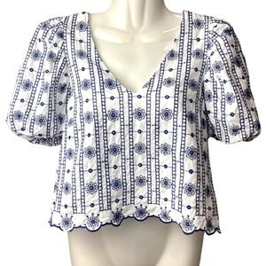 Goodnight Macaroon | Blue & White Embroidered Puff Sleeve Top | Size XS